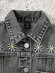 SHEIN 女婴牛仔雏菊刺绣单排扣外套和短裤休闲套装 - 淺灰色 - 查看 5