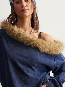 Bohemela 休闲纯色针织斜领长袖宽松女式卫衣 - 藏蓝色 - 查看 2