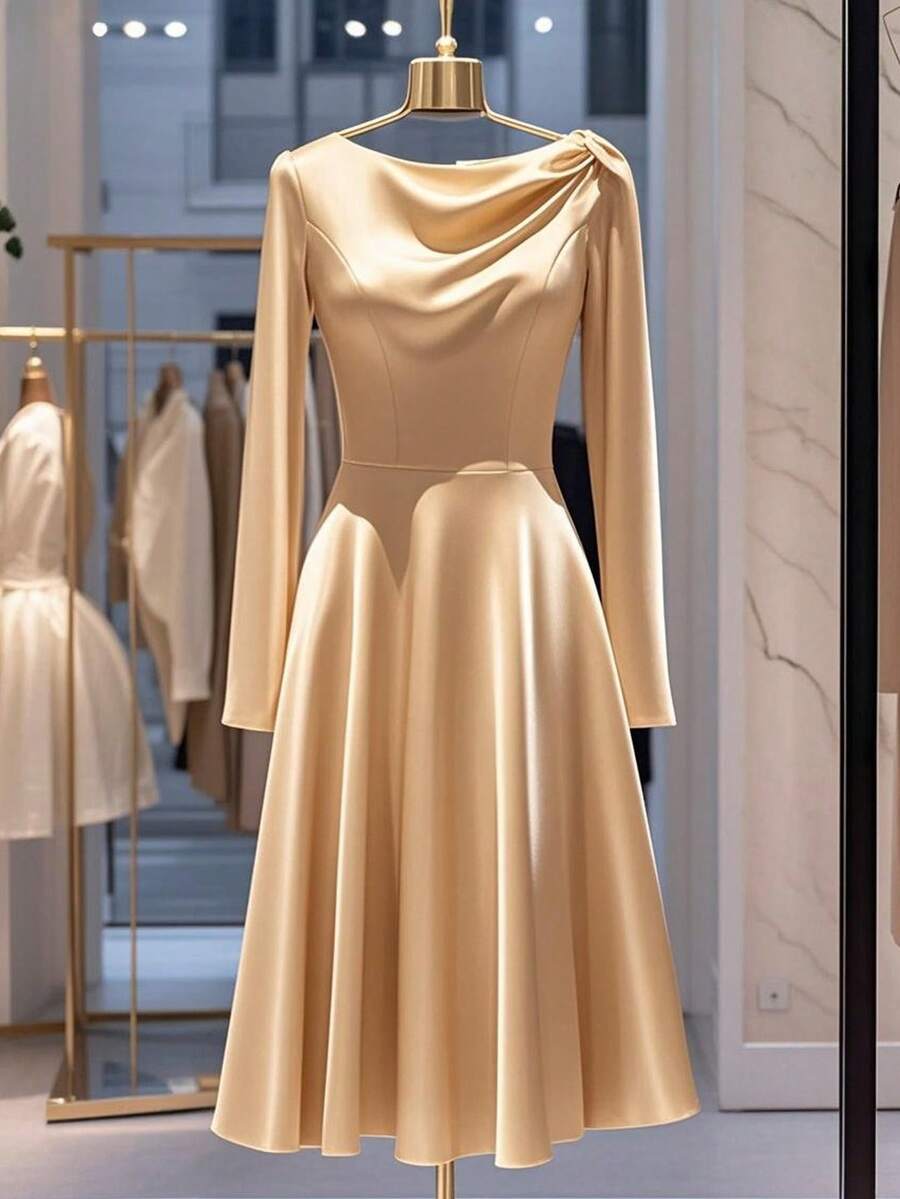 GlowEve Women's Shiny Woven Fabric Round Neck Raglan Sleeve Cinched Waist A-Line Elegant Short Dress, Suitable For Everyday Wear, Autumn/Winter - Apricot - View 1