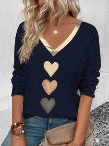 EMERY ROSE Women's V-Neck Long Sleeve Casual Fashion Heart Print Gold Coated Collar T-Shirt, Suitable For Spring And Autumn