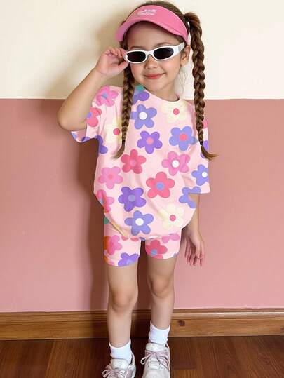 2pcs/Set Young Girl Casual Floral Print Short Sleeve Round Neck T-Shirt And Shorts Set, Suitable For Summer