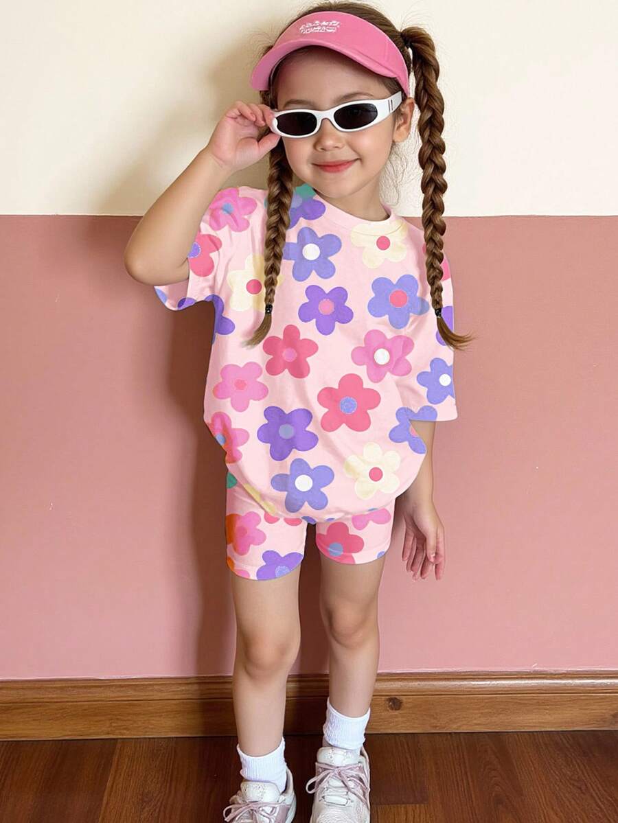 Set de 2 piezas de camiseta de manga corta con cuello redondo y estampado floral, y shorts informales para niña, adecuado para el verano - Multicolor - Ver 1