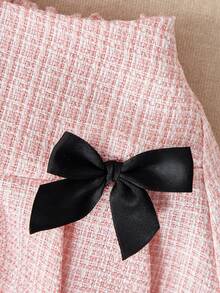 两件套女婴彩色蝴蝶结装饰泡泡袖上衣和百褶裙套装，舒适休闲，适合派对、假日、户外活动等各种场合 - 粉色 - 查看 5