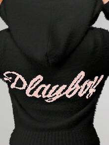 Missguided x Playboy 蓬松针织连帽拉链长袖保暖冬装毛衣 - 黑色 - 查看 4