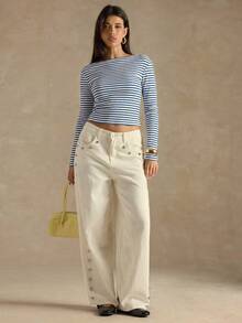 SHEIN BAE Áo thun nữ dài tay dáng ôm, kẻ sọc, vai lệch, thoải mái, thích hợp mặc thường ngày. - Xanh đậm - Xem 3