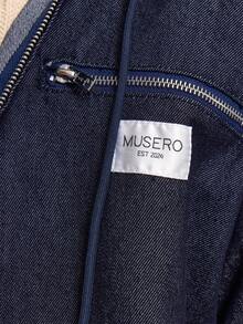 Musero Áo khoác dáng rộng tay dài có khóa kéo, chi tiết logo thương hiệu, mũ trùm đầu có dây rút, kiểu denim thô, vai rớt, bộ đồ thể thao chỉ gồm áo top. Những món đồ thiết yếu cho mùa Xuân Hè, phong cách đường phố. - Rửa tối - Xem 6