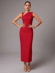 Silquee Women's Elegant Solid Color Sleeveless Dress, Suitable For Party - Red - View 3