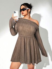 SHEIN ICON 大码纯色不对称领口优雅长袖连衣裙 - 卡其色 - 查看 6