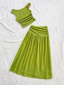 Soleia 两件套女士绿色纹理针织露脐上衣，饰有金属花朵，搭配低腰长裙，适合度假、海滩、约会、音乐节等场合，波西米亚风格。 - 綠色 - 查看 2