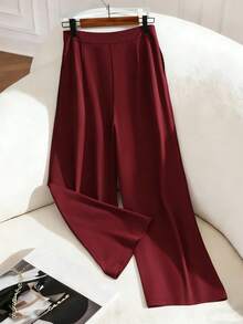 SHEIN ChicEase 新款纯色深红色直筒裤，修身女裤 - 紅木色 - 查看 2