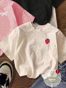 Attitoon Set de 3 camisetas de mujer de manga corta, cuello redondo, ajustadas y cortas con gráficos minimalistas casuales de corazón, lazo y fresa - Multicolor - Ver 5