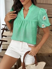 SHEIN Holidaya 女士夏季休闲条纹花卉刺绣泡泡袖衬衫 - 彩色 - 查看 6
