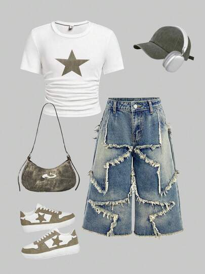 SHEIN Pantalones cortos vaqueros holgados de cintura alta para niñas preadolescentes con parches de estrellas estilo vintage, lavado desgastado, presillas para cinturón, bordes deshilachados y bajo crudo, casuales y de moda para uso diario, escuela y streetwear