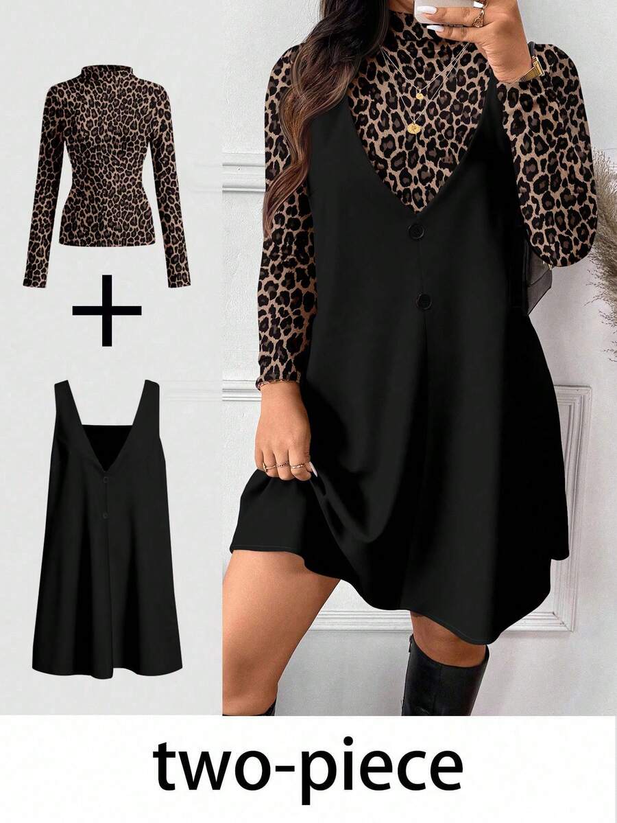 SHEIN Frenchy Bộ 2 món áo họa tiết da báo và váy trơn màu cỡ lớn dành cho nữ - Nhiều màu - Xem 1