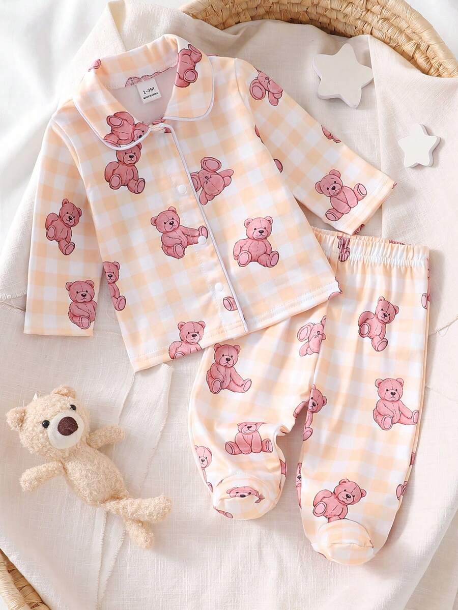 新生儿睡衣套装 - 两件套睡衣，可爱小熊印花，粉嫩格纹，蜜桃黄配色，圆领长袖，纽扣前襟，长裤，连脚设计，松紧腰带，触感柔软舒适，四季皆宜，2026年假日必备 - 彩色 - 查看 1
