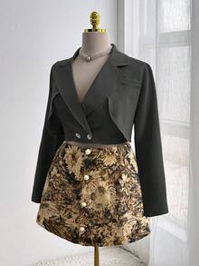Sweetra Elegant Going Out Tops, Mini Skirt, Wrap Style Tie Waist Short Blazer Jacket, Fitted Slim Chic Blouse + Vintage Sunflower Print A-Line Bodycon Skirt Two Pieces Set - Black - View 3