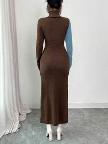 SHEIN Elenzya 女士撞色高领针织修身中长连衣裙，优雅时尚，适合秋冬季穿着 - 彩色 - 查看 2