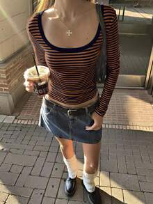 Jouncy Women's Striped Fitted Casual Vacation Long Sleeve T-Shirt - Navy Blue - View 4