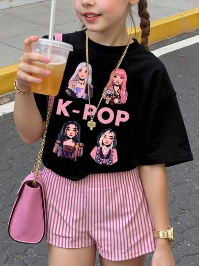Tween Girl Summer & Fall Casual Fashionable Creative Personalzed Refreshing Chic Minimalist K-Pop Witch Crew Floral Pentagram Letter Graphic Print Relaxed Basic Short T-Shirt, Comfortable Cozy Summer And Autumn