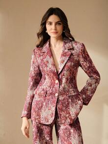 Anewsta 复古优雅随机提花收腰提花度假西装外套，女士秋冬款 - 紅色 - 查看 4