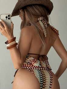 Swim SXY 3pcs Women's Swimsuit Set, Spaghetti Strap Tankini Tankini With Beaded Straps, Backless Tie Side Design, Retro Vacation Style Suitable For Swimming, Beach, Pool Party - Multicolor - View 2