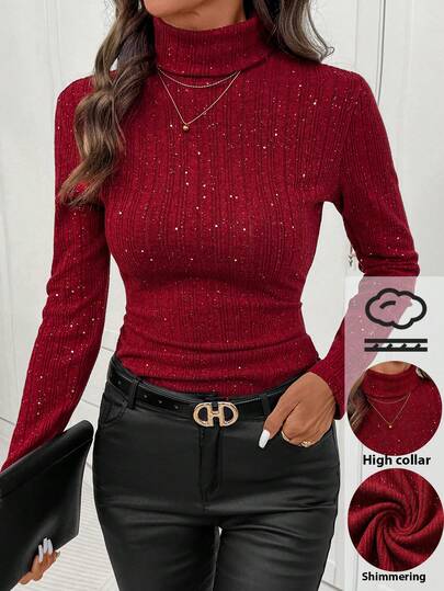 Editum Christmas For Women, Women's Elegant High Neck Cinched Waist Ribbed Glitter T-Shirt, Slimming, Suitable For Daily Wear And Multiple Occasions, Autumn/Winter, Christmas Suitable For Daily Wear Women Long Sleeve Top Spring Summer Elegant Valentine's Day  Red
