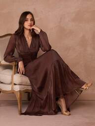 Enchnt Winter Romantic Women's Brown French Ruched Lantern Sleeve Fitted Dress,Sweet&Elegant For Date&Going Out,Winter Clothes For Women,New Year Outfit