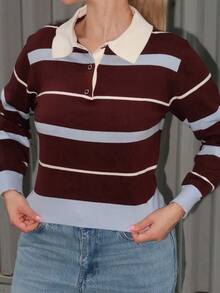 Turnttoni 女式秋冬学院风马球领撞色条纹棕蓝宽松针织毛衣 - 彩色 - 查看 3