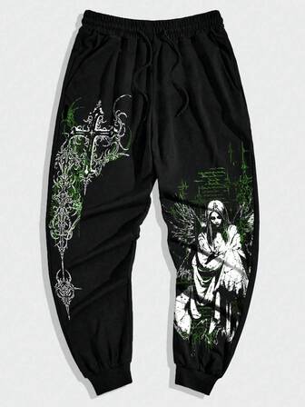 Pantalon de jogging à taille élastique avec imprimé personnage gothique et croix, style casual pour hommes
