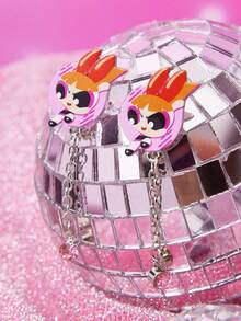 THE POWERPUFF GIRLS X SHEIN 新款锌合金卡通图案耳钉，休闲可爱，适合派对、音乐会、节日等场合。 - 白金 - 查看 1