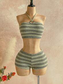 Soleia 2件套 女士秋冬吊带条纹上衣和超短裤 - 彩色 - 查看 3