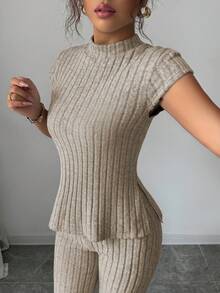 Elenzga 2pcs/Set Ribbed Short Sleeve Top And Pants, Casual & Elegant - Apricot - View 3