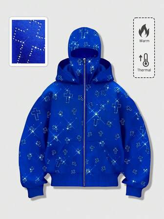 Street Life Modischer Kapuzenpullover mit Strass-Verzierungen und Taschen, Reißverschluss-Vorderseite Sweatshirt Hoodie für Herren