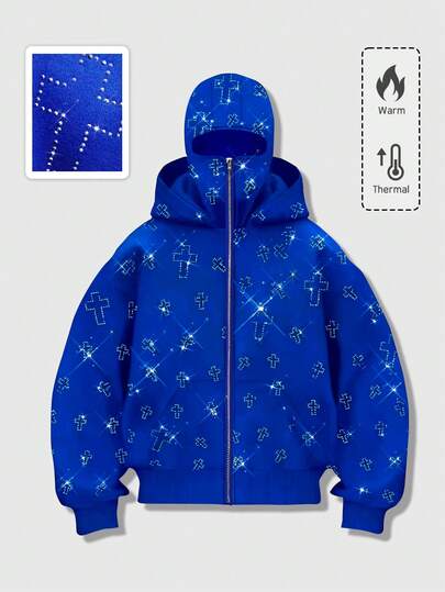 Street Life Sudadera con capucha con bolsillos y adornos de strass con cierre de cremallera, sudadera con capucha de moda para hombres