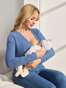 SHEIN Women's Solid Ribbed V-Neck Long Sleeve Casual T-Shirt, Maternity Friendly, Spring/Autumn - Blue - View 7