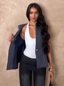 SHEIN Glamour Women's Striped Single-Breasted Casual/Work Sleeveless Thin Blazer Elegant Women's Blouses Women's Work Tops, Business Casual Woman Top - Blue - View 6
