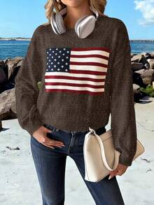Chiquease Women's Leisure Vacation American Flag Pattern Sweater, Knit Pullover Fall Winter - Coffee Brown - View 5