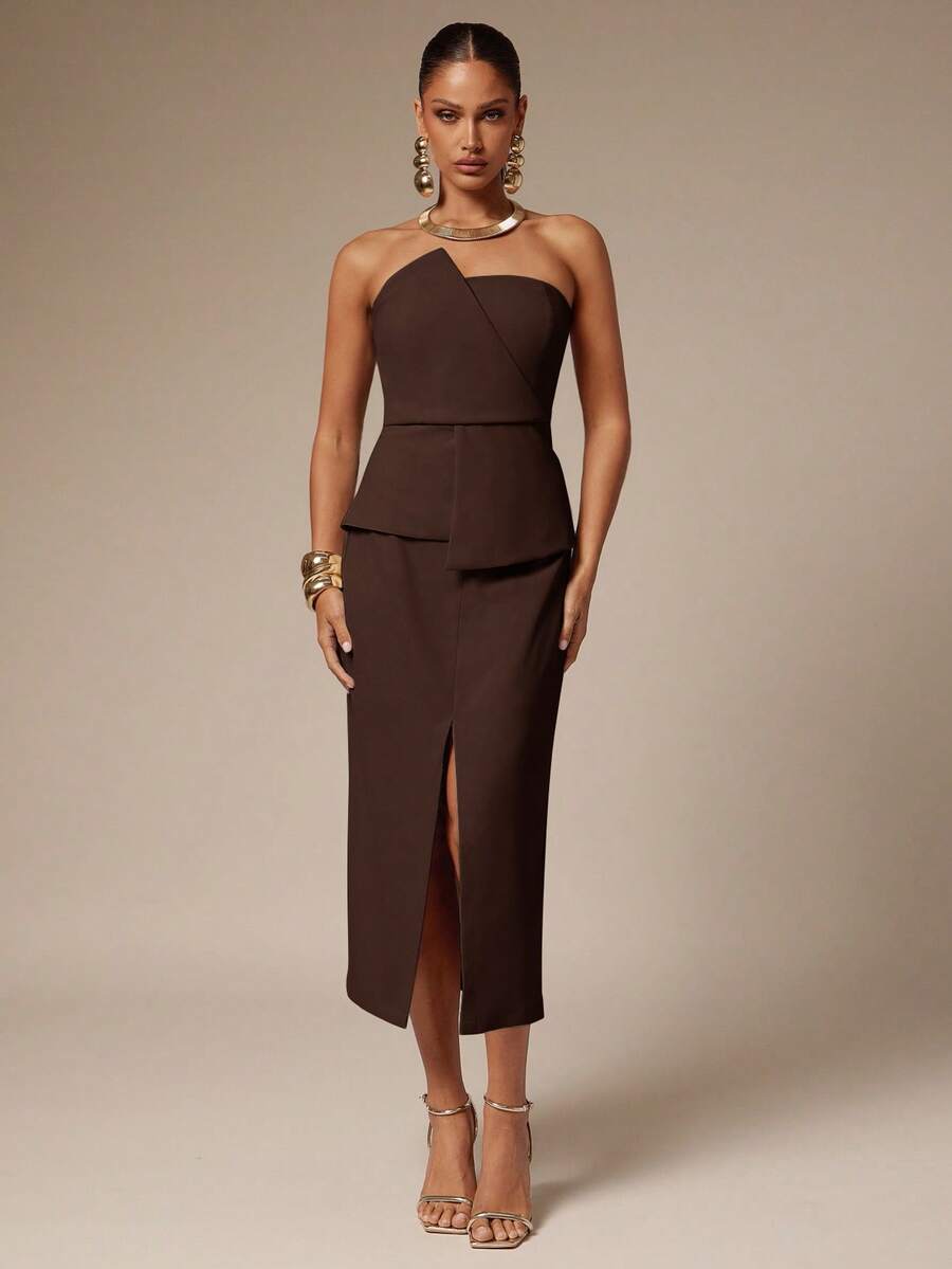 Silquee 女士时尚纯色抹胸西装外套和开衩半裙套装 - 咖啡棕 - 查看 1