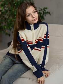 DAZY Suéter holgado casual a rayas con contraste de color y media cremallera para niñas preadolescentes, otoño - Beis - Ver 8