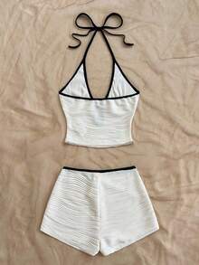 Soleia 女式性感撞色露背吊带上衣和短裤两件套，夏季 - 白色 - 查看 2