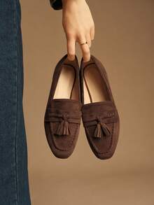 Rosivie 女士方头平底咖啡色绒面流苏舒适百搭日常休闲通勤一脚蹬乐福鞋 - 咖啡棕 - 查看 4