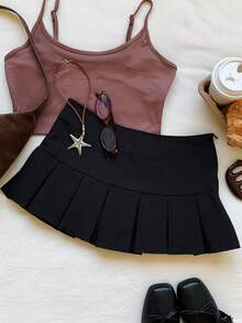 SHEIN EZwear Solid Casual Pleated Black Hem Mini Skirt - Black - View 4