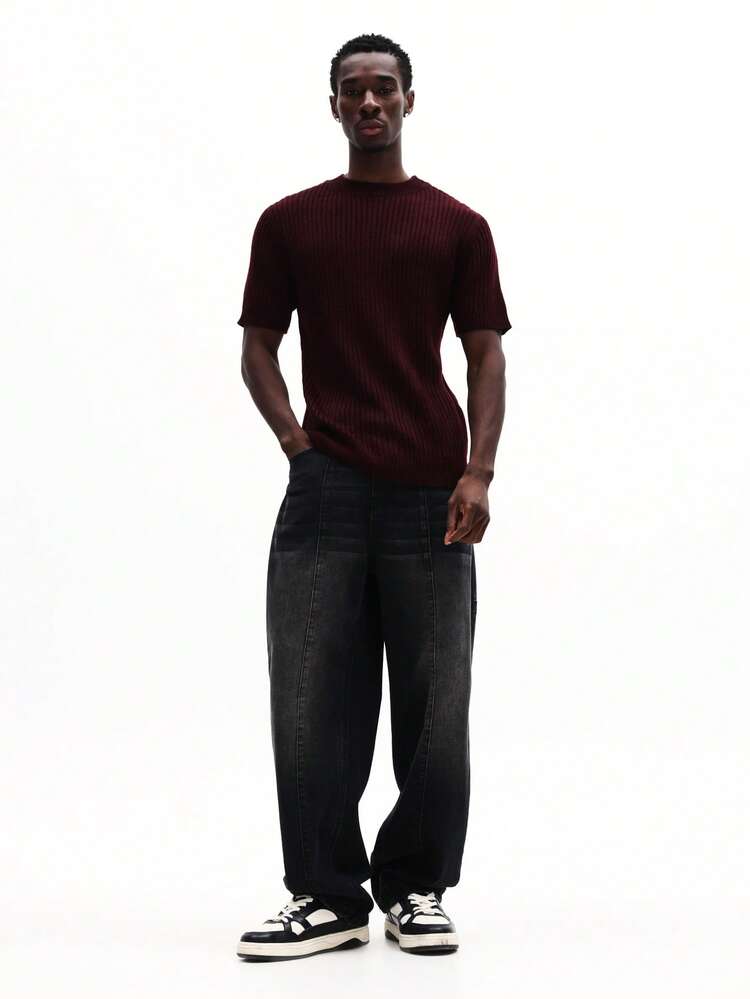 Ribbed Knit Short Sleeve Crew Neck Tee