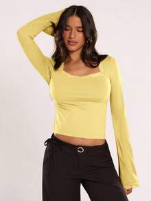 SHEIN BAE Women's Casual Solid Color Contrast Lace Flare Sleeve T-Shirt, Autumn - Yellow - View 6