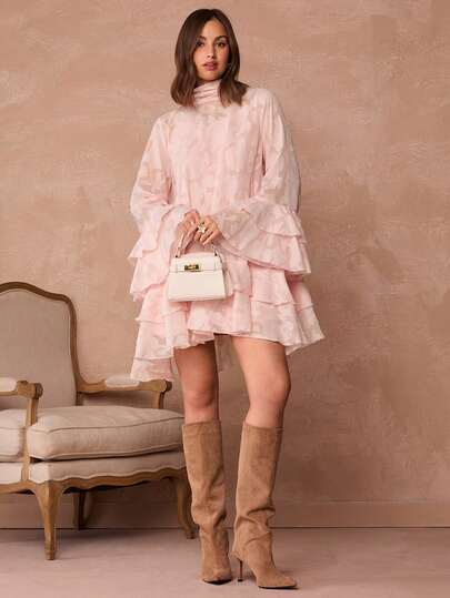 Enchnt Spring/Summer Romantic Women's Pink Casual Vacation Style Jacquard Flower Applique High Neck Flare Sleeve Layered Hem Loose Dress, Elegant,Chic&Elegant For Date&Valentine's Day&Going Out&Daily&Afternoon Tea, Pink Dresses, Spring Outfit Women, Spring Dress, Summer Dress,Elegant Dresses For Women