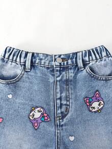 SHEIN ChillGRL 少女牛仔裤 - 时尚雪洗做旧刺绣阔腿牛仔裤，心形刺绣，彩色爱心，休闲宽松阔腿裤，浅蓝色，适合圣诞节、新年、情人节、日常穿着、上学等场合。 - 淺色水洗藍 - 查看 7