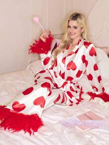 Romantic Heart Feather Satin Long Sleeve & Pants Sleepwear Set, Sweet Girl French Elegant Satin Valentine's Day Pajamas, INS Heart Feather Ladies Sleepwear Set - Red and White - View 6