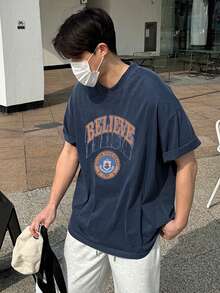 DAZY 男士字母印花蓝色圆领T恤，夏季 - 藍色 - 查看 2