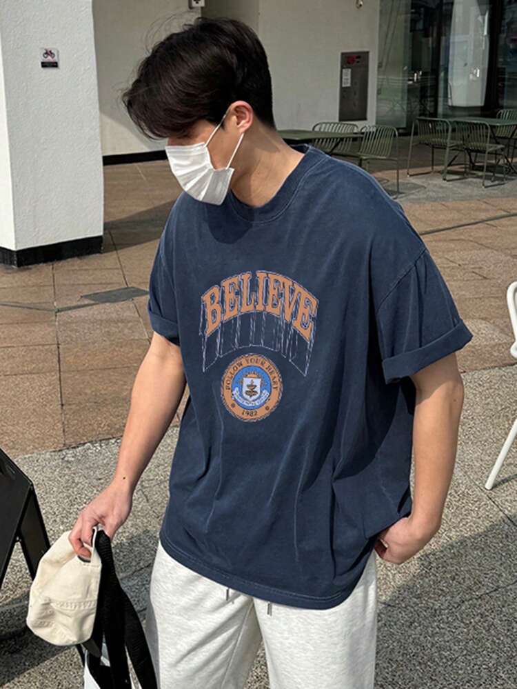Men's Letter Print Blue Round Neck T-Shirt, Summer