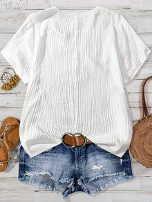 SHEIN PETITE 小码女式花卉领拼接纽扣装饰休闲衬衫 - 白色 - 查看 2